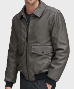 Mens Grey Genuine Leather Bomber Jacket