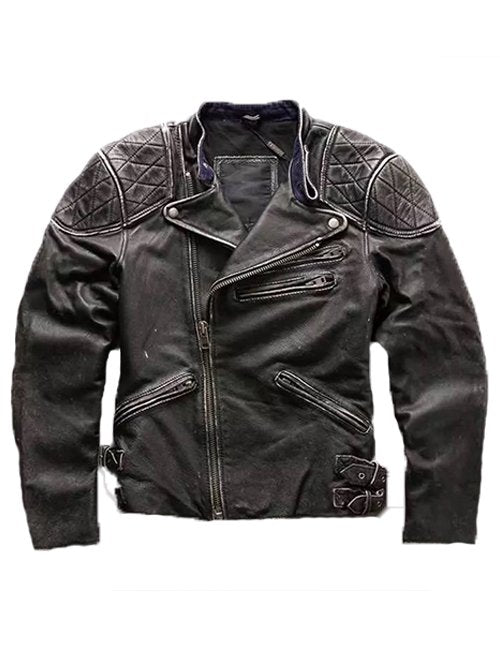Mens Skull & Bones Distressed Black Vintage Biker Jacket