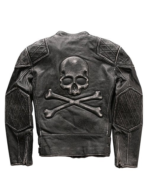 Mens Skull & Bones Distressed Black Vintage Biker Jacket - Image 2