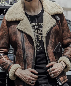 Mens Waxed Brown Flying Aviator Leather Shearling Jacket