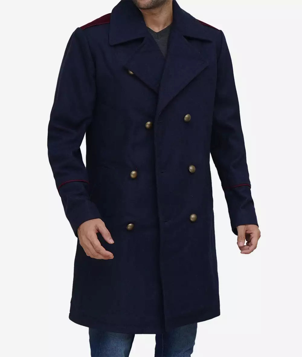 Men's Double-Breasted Navy Blue Long Wool Coat - Image 2