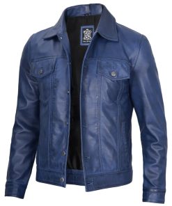 Men's Blue Real Lambskin Leather Trucker Jacket