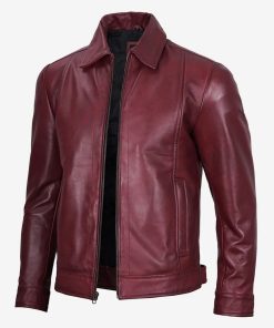 Men's Maroon Shirt Collar Leather Jacket