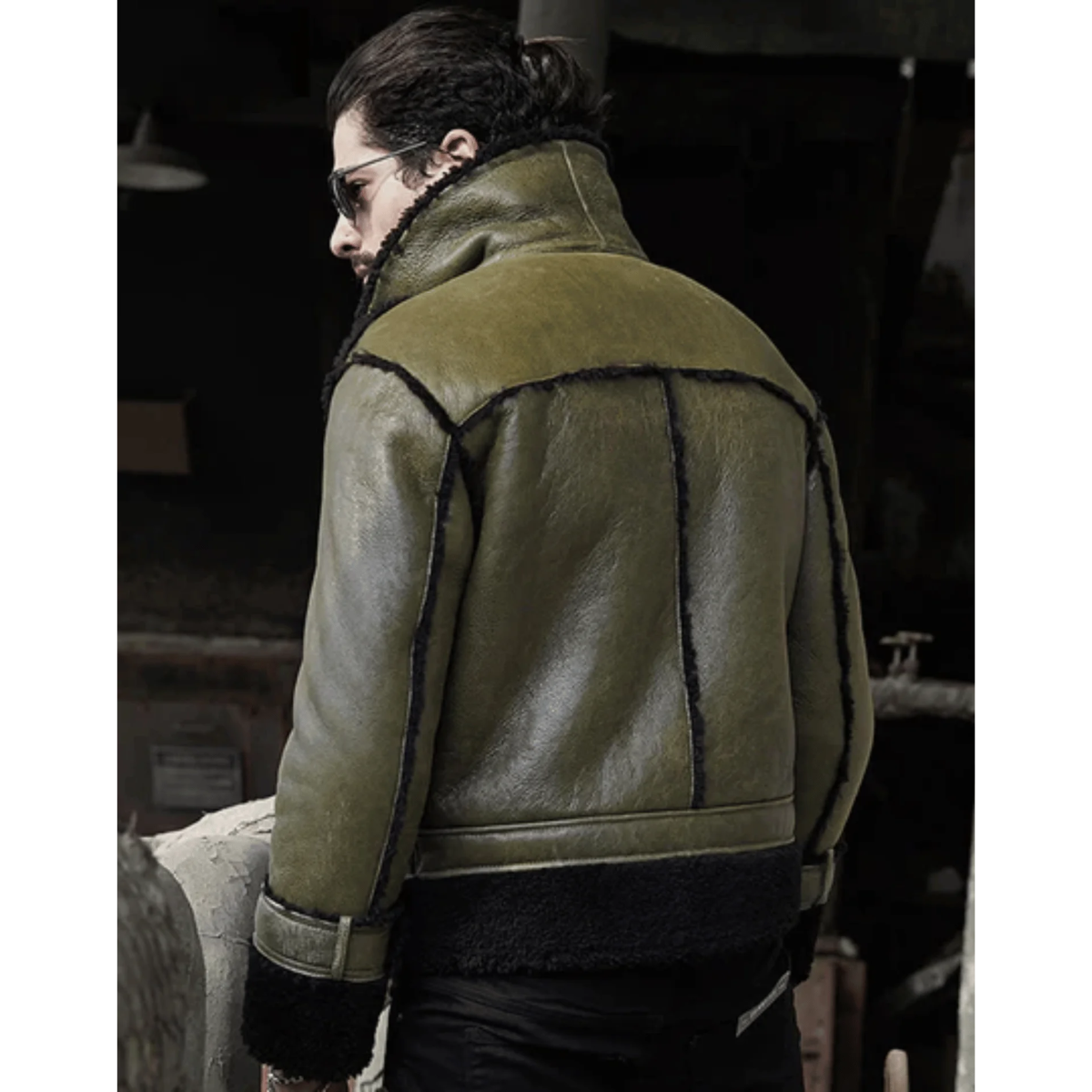 Mens Green RAF Flying Pilot Shearling Leather Jacket - Image 2