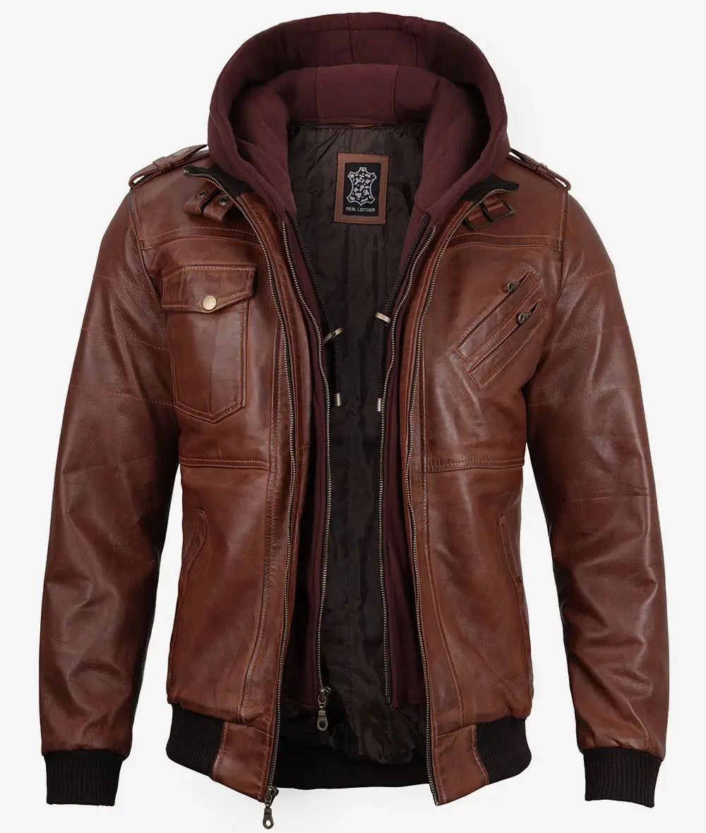 Men's Brown Leather Bomber Jacket With Removable Hood - Image 2