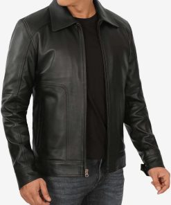 Men's Classic Black Shirt Collar Leather Jacket