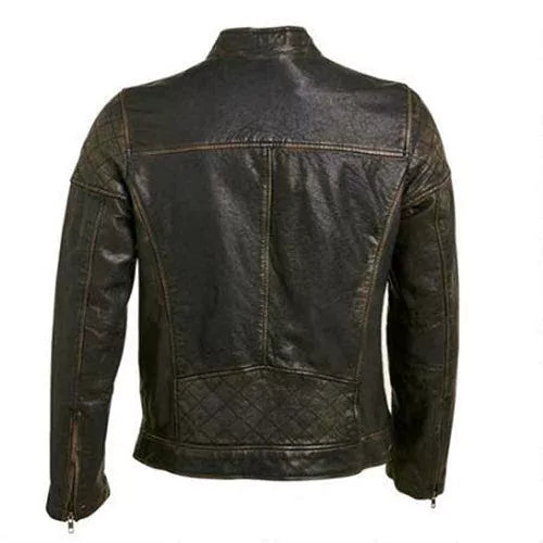 Motorcycle Cafe Racer Distressed Black Quilted Genuine Leather Jacket - Image 2