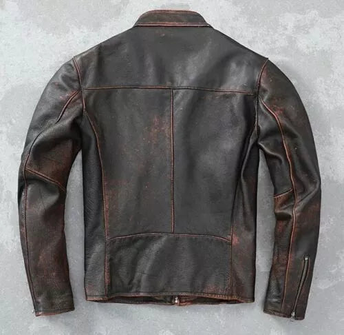 Motorcycle Distressed Black Genuine Leather Jacket - Image 2