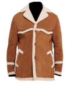 Rancher Camel Brown Genuine Real Suede Leather Coat with Sherpa Lining