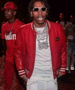 Red And Black Lil Baby Leather Varsity Jacket