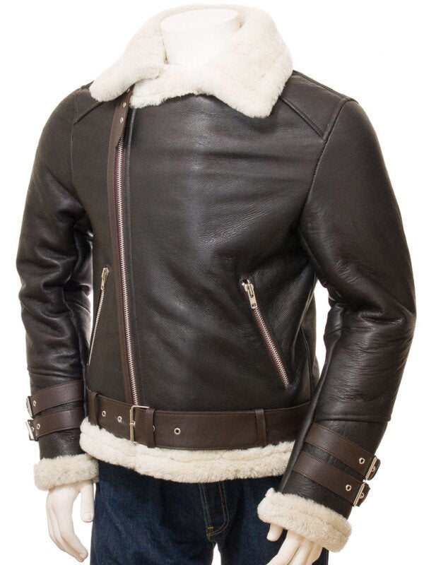 Men’s Brown Shearling Biker Jacket - Image 5