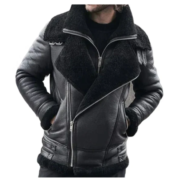 Men's B3 Classic Faux Shearling Black Bomber Leather Jacket - Image 2