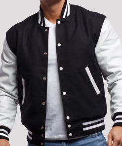 Black Wool Varsity Jacket with Bright White Leather Sleeves