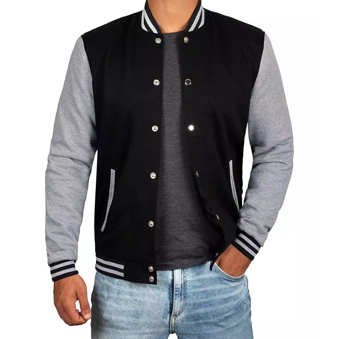 Men's Black & Grey Baseball Varsity Jacket - Bomber Style