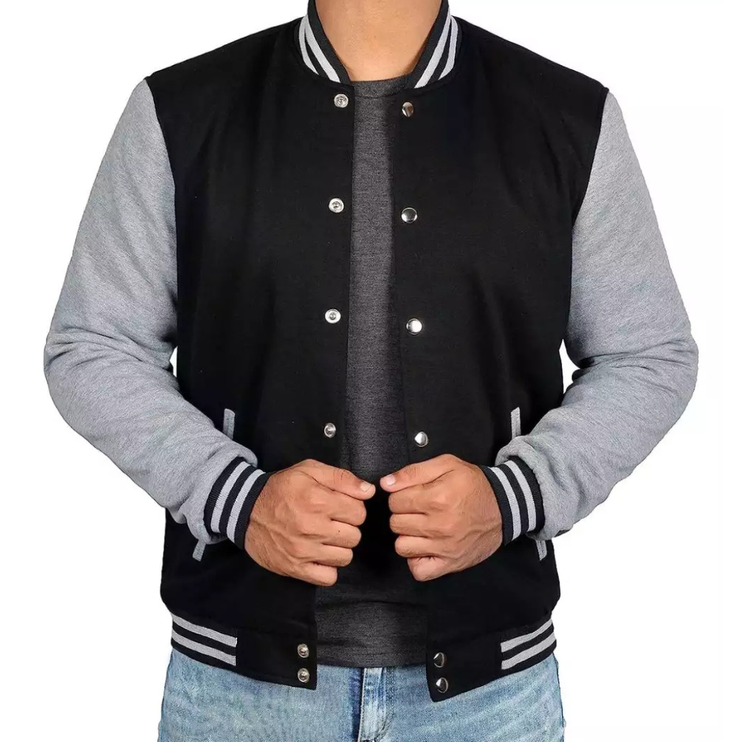 Men's Black & Grey Baseball Varsity Jacket - Bomber Style - Image 2