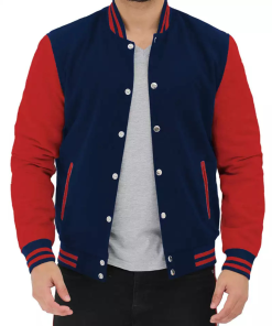 Men's Red and Navy Blue Varsity Jacket - Baseball-Style Jacket