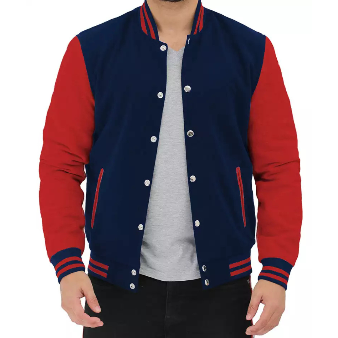 Men's Red and Navy Blue Varsity Jacket - Baseball-Style Jacket