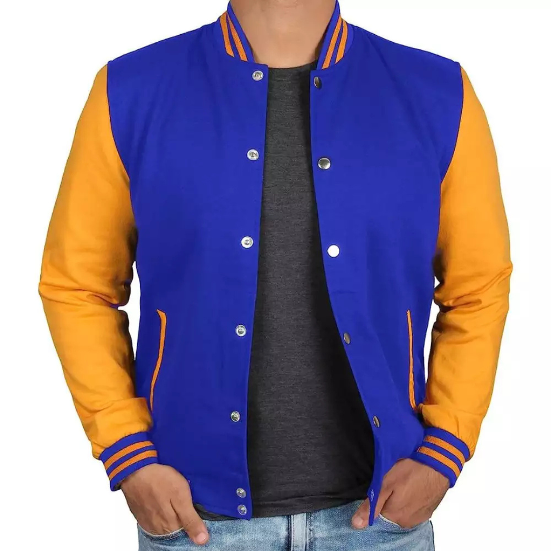 Royal Blue Baseball Varsity Jacket for Men with Yellow Sleeves - Bomber Style Jacket