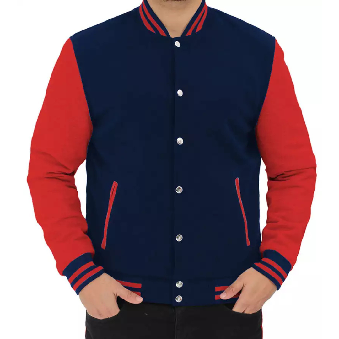 Men's Red and Navy Blue Varsity Jacket - Baseball-Style Jacket - Image 2