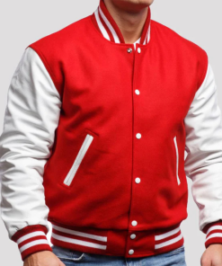 Scarlet Wool Varsity Jacket with Bright White Leather Sleeves