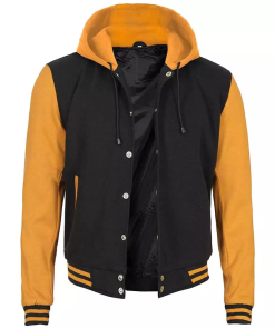Mens Black And Yellow Letterman Varsity Jacket with Hood