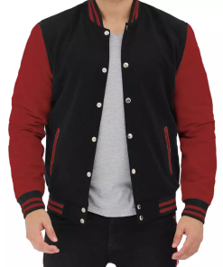 Men's Black and Maroon-Sleeved Varsity Jacket - Letterman Baseball Style