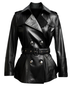 Women's Black Long Leather Trench Coat