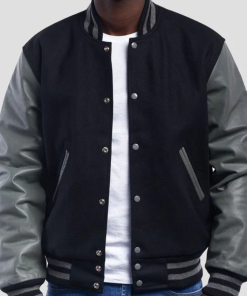 Black Wool Varsity Jacket with Grey Leather Sleeves