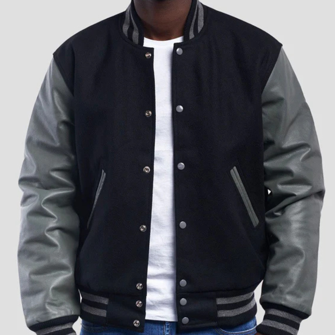 Black Wool Varsity Jacket with Grey Leather Sleeves