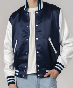Navy Blue Satin Jacket with White Sleeves
