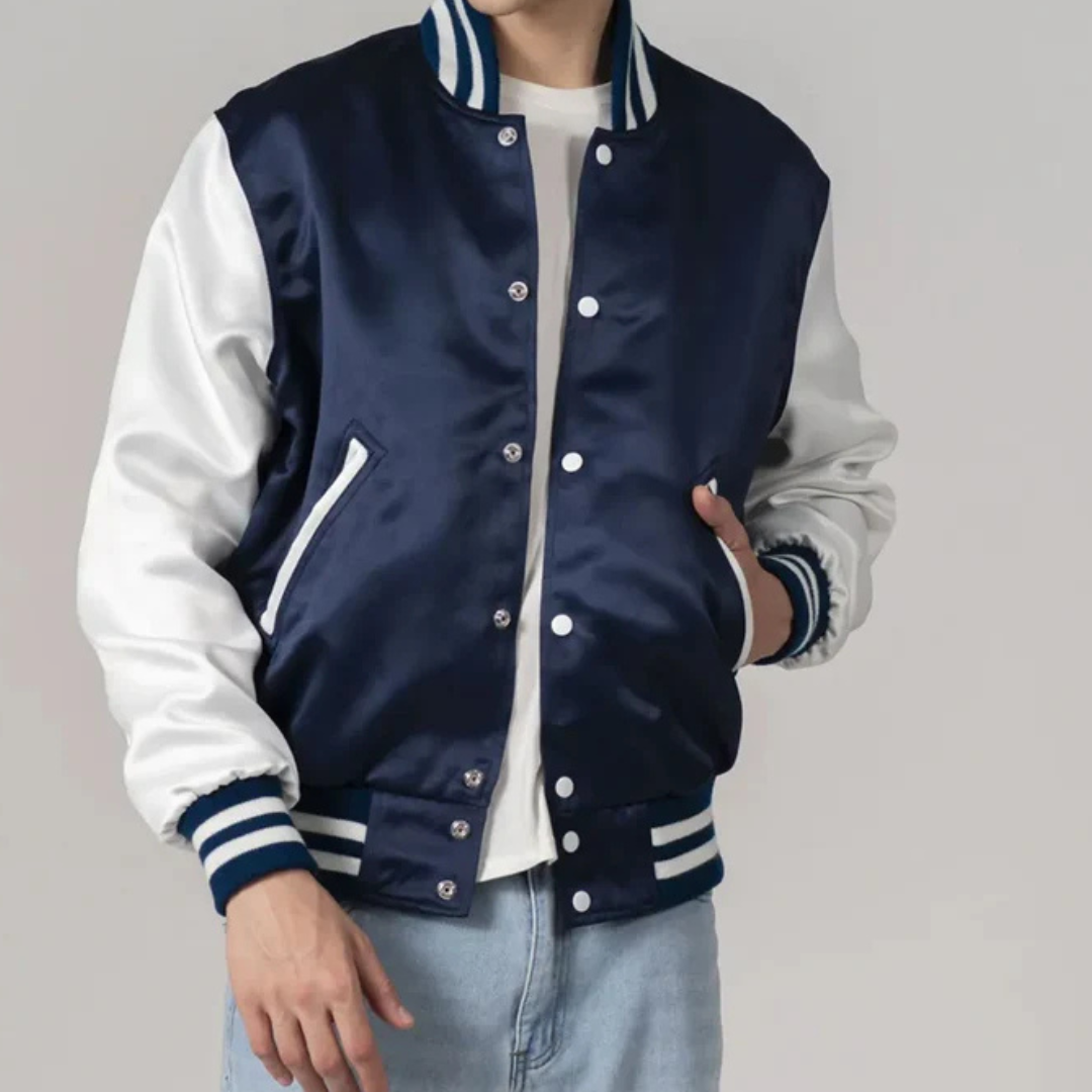 Navy Blue Satin Jacket with White Sleeves - Image 2