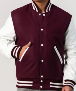 Maroon Wool Varsity Jacket with Bright White Leather Sleeves