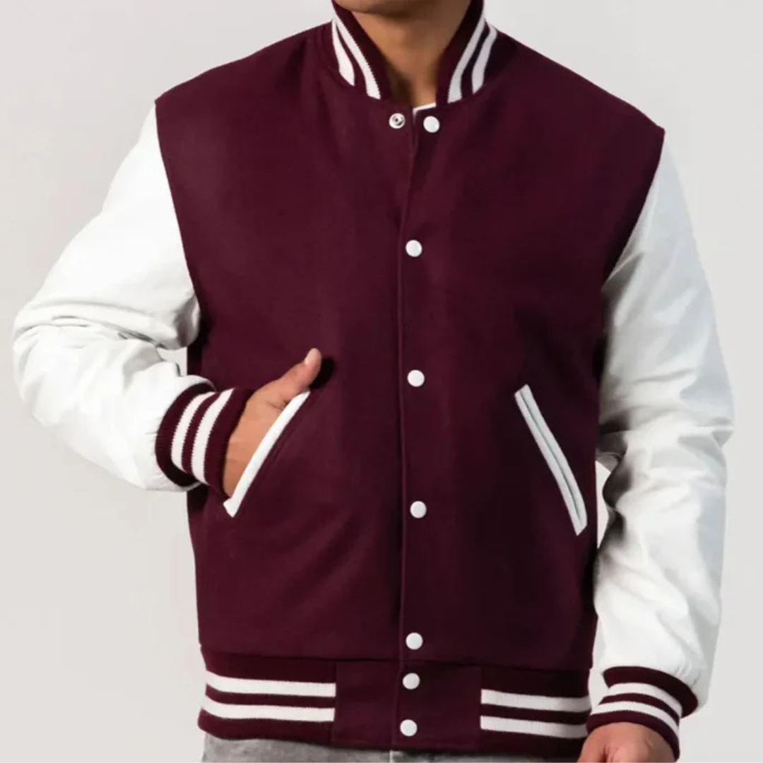 Maroon Wool Varsity Jacket with Bright White Leather Sleeves