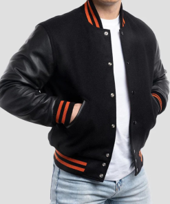 Black Wool Varsity Jacket with Black Leather Sleeves