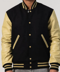 Black Melton Wool Varsity Jacket with Vegas Gold Leather Sleeves