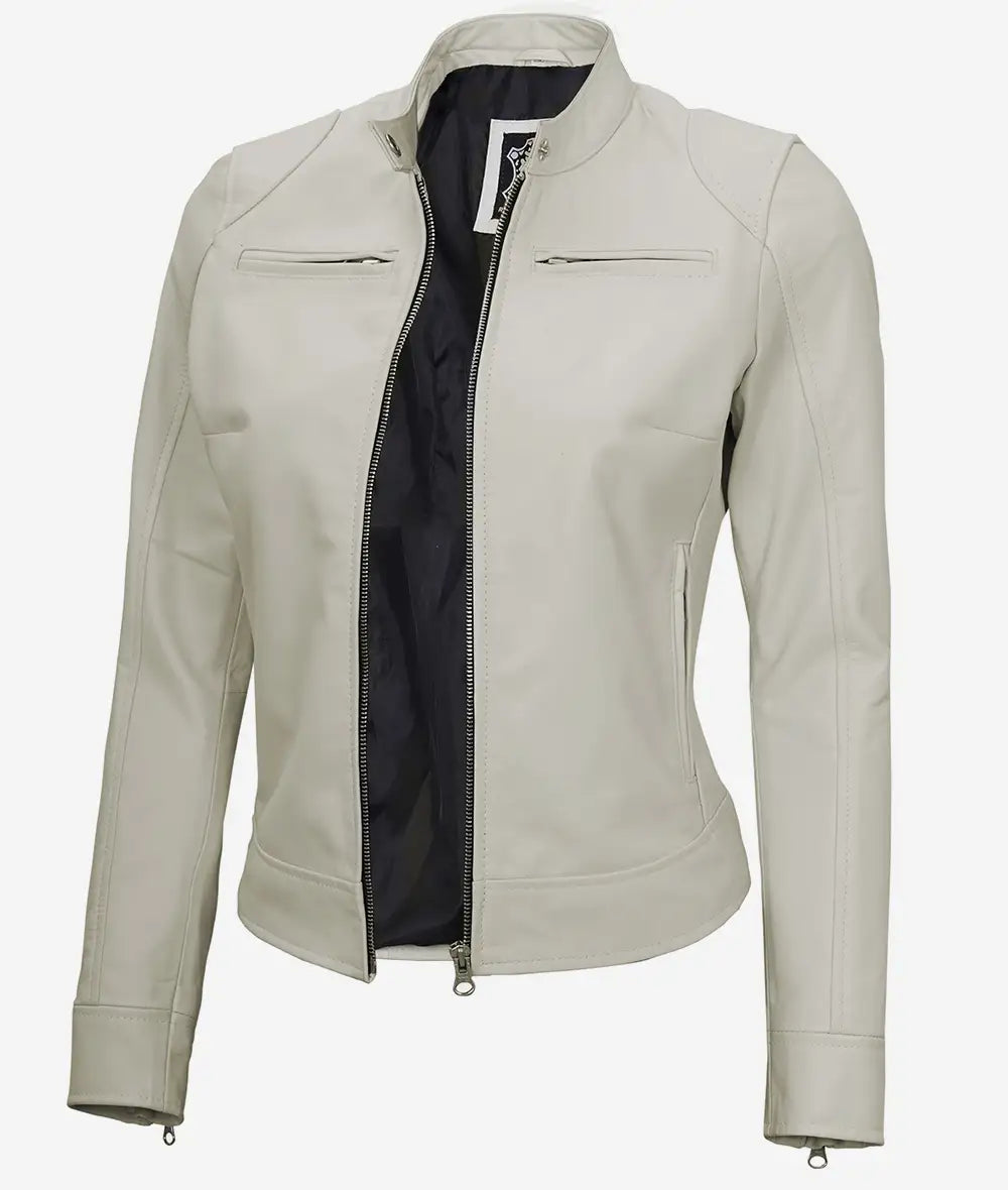 Women's Off White Cafe Biker Leather Jacket