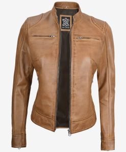 Women's Camel Real Leather Moto Jacket