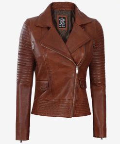 Women's Cognac Quilted Style Leather Moto Jacket