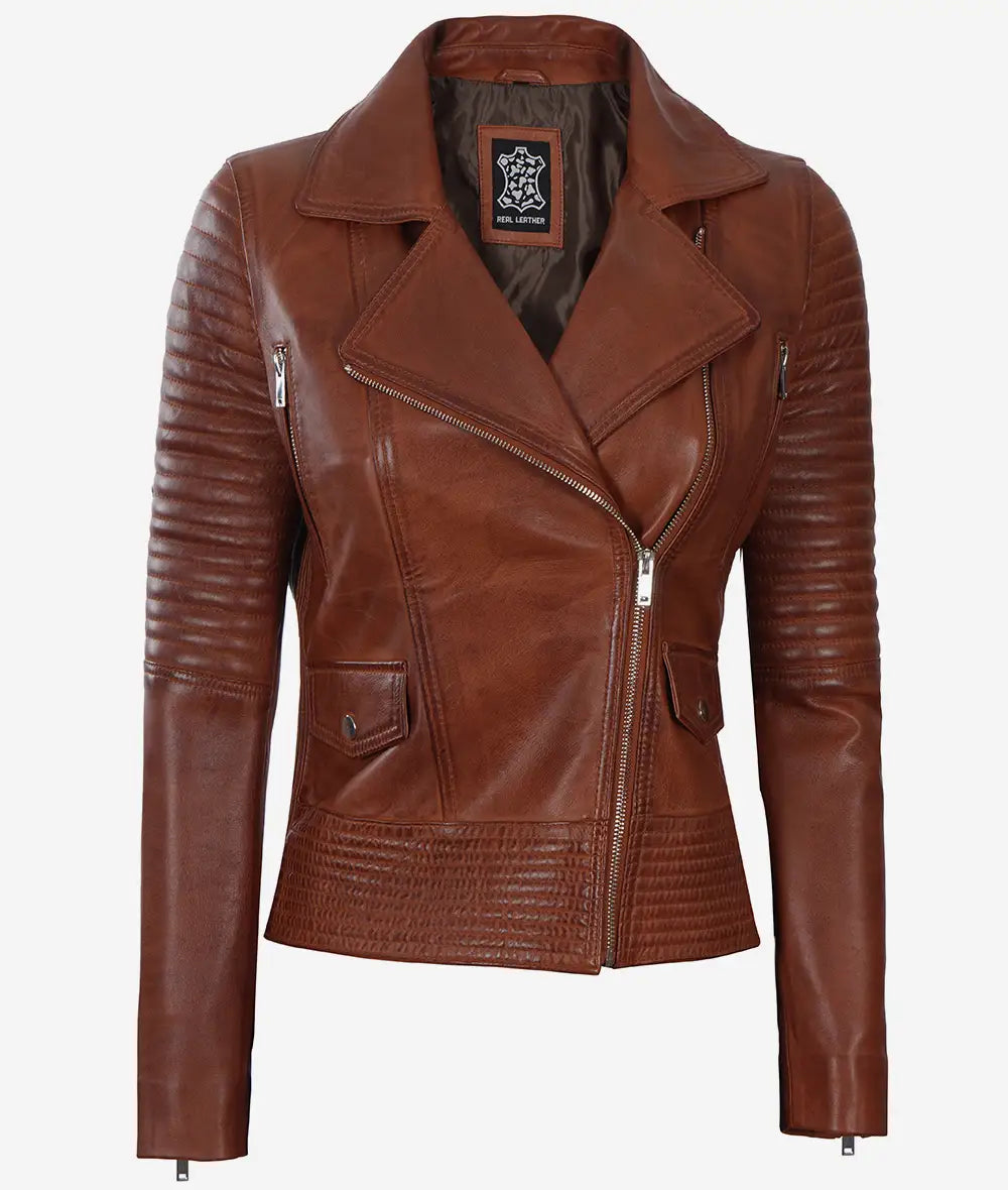 Women's Cognac Quilted Style Leather Moto Jacket