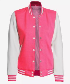 Women's Pink and White Varsity Jacket - Baseball Bomber Style