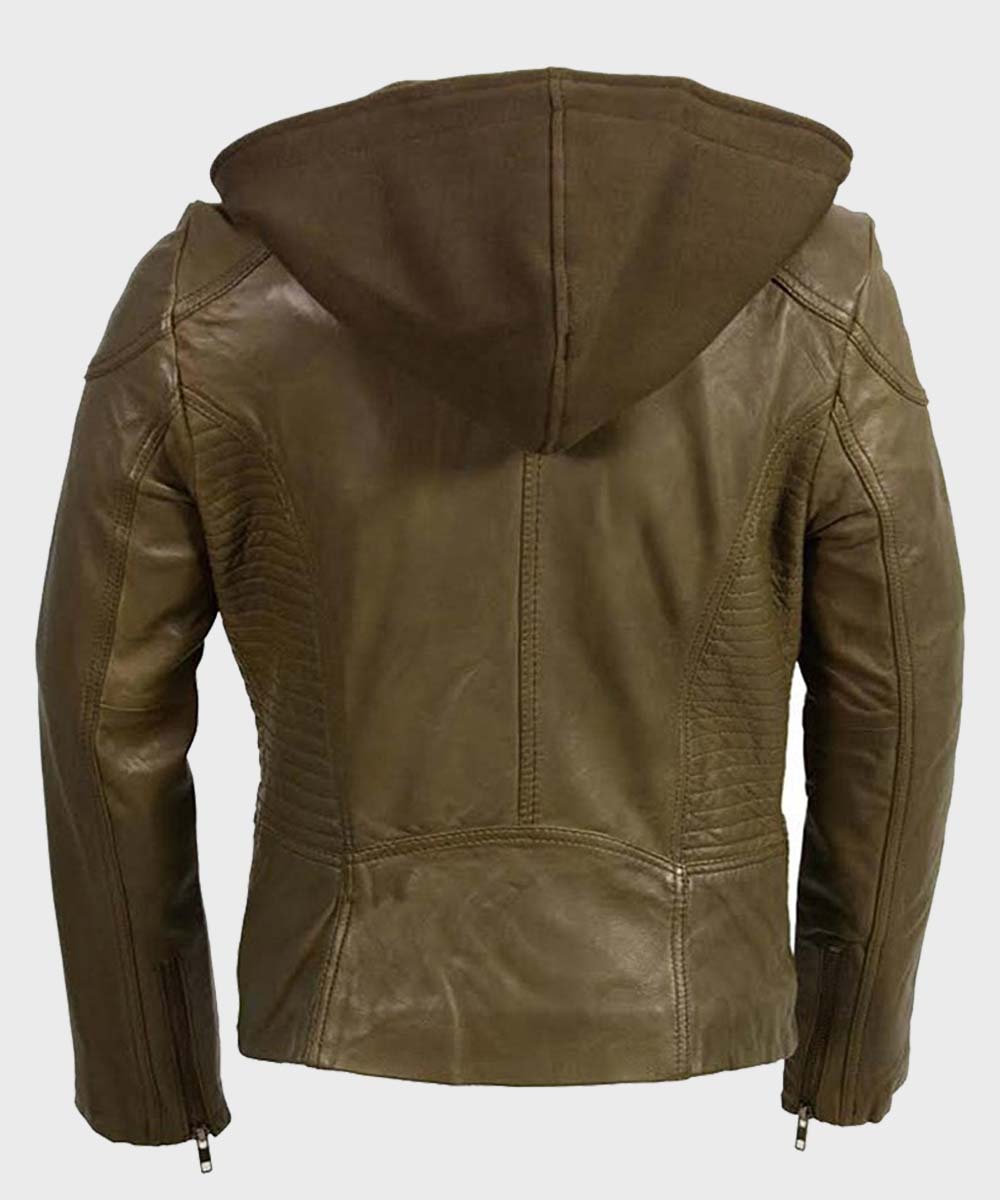Womens Olive Motorcycle Leather Jacket - Image 3