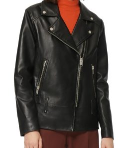 Womens Lapel Collar Leather Jacket In Black