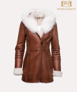 Womens Tan Shearling Trench Style Leather Coat with Fur Hooded