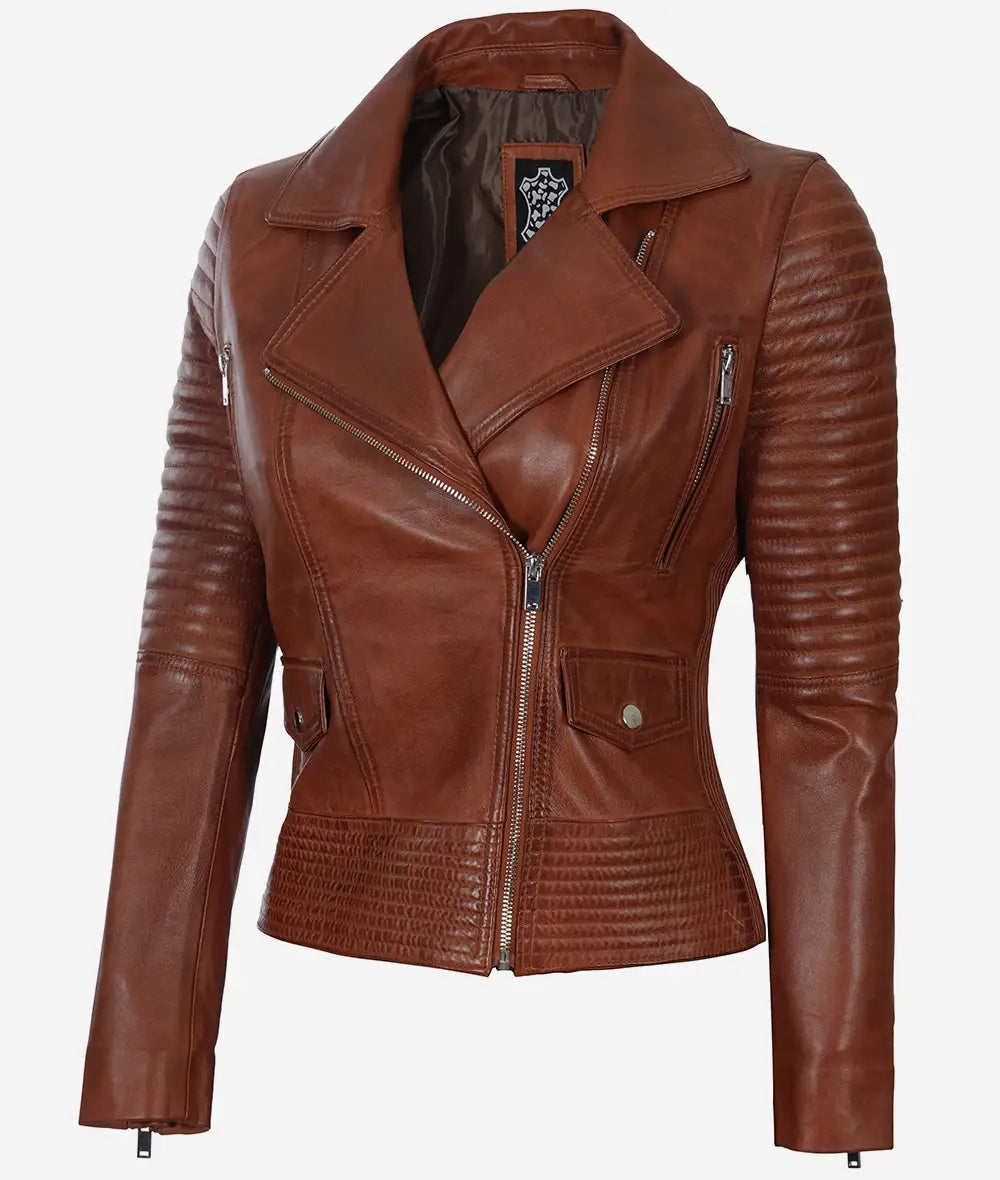 Women's Cognac Quilted Style Leather Moto Jacket - Image 2