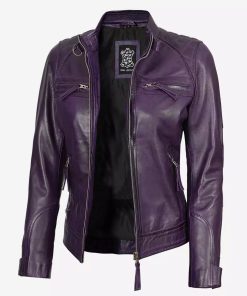 Women's Purple Cafe Racer Leather Jacket | Quilted Shoulder
