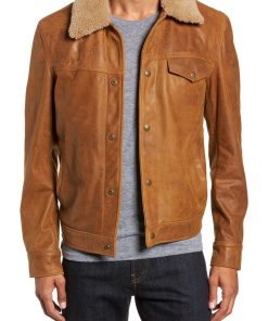 Vintage Buffalo Leather Trucker Jacket with Genuine Sheepskin Collar
