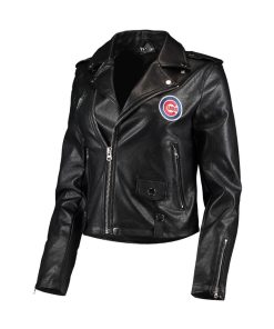 Women's The Wild Collective Black Chicago Cubs Faux Leather Moto Full-Zip Jacket