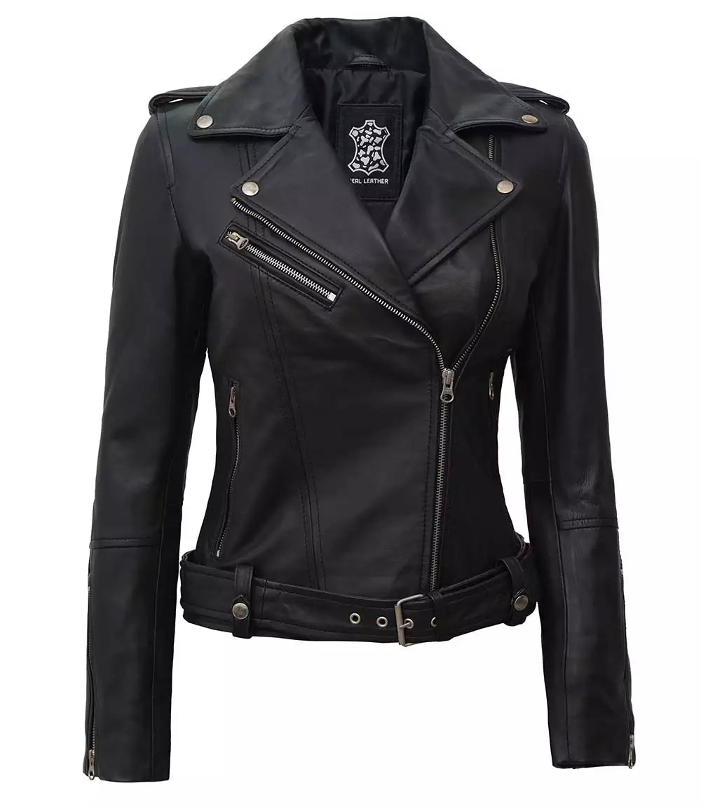 Margaret Women's Asymmetrical Black Belted Biker Leather Jacket - Image 2