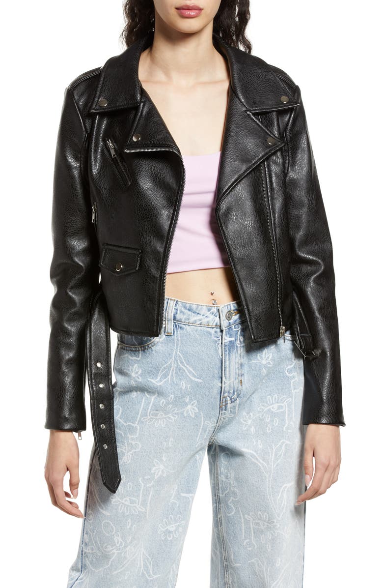 Rhinestone Faux Leather Belted Moto Jacket