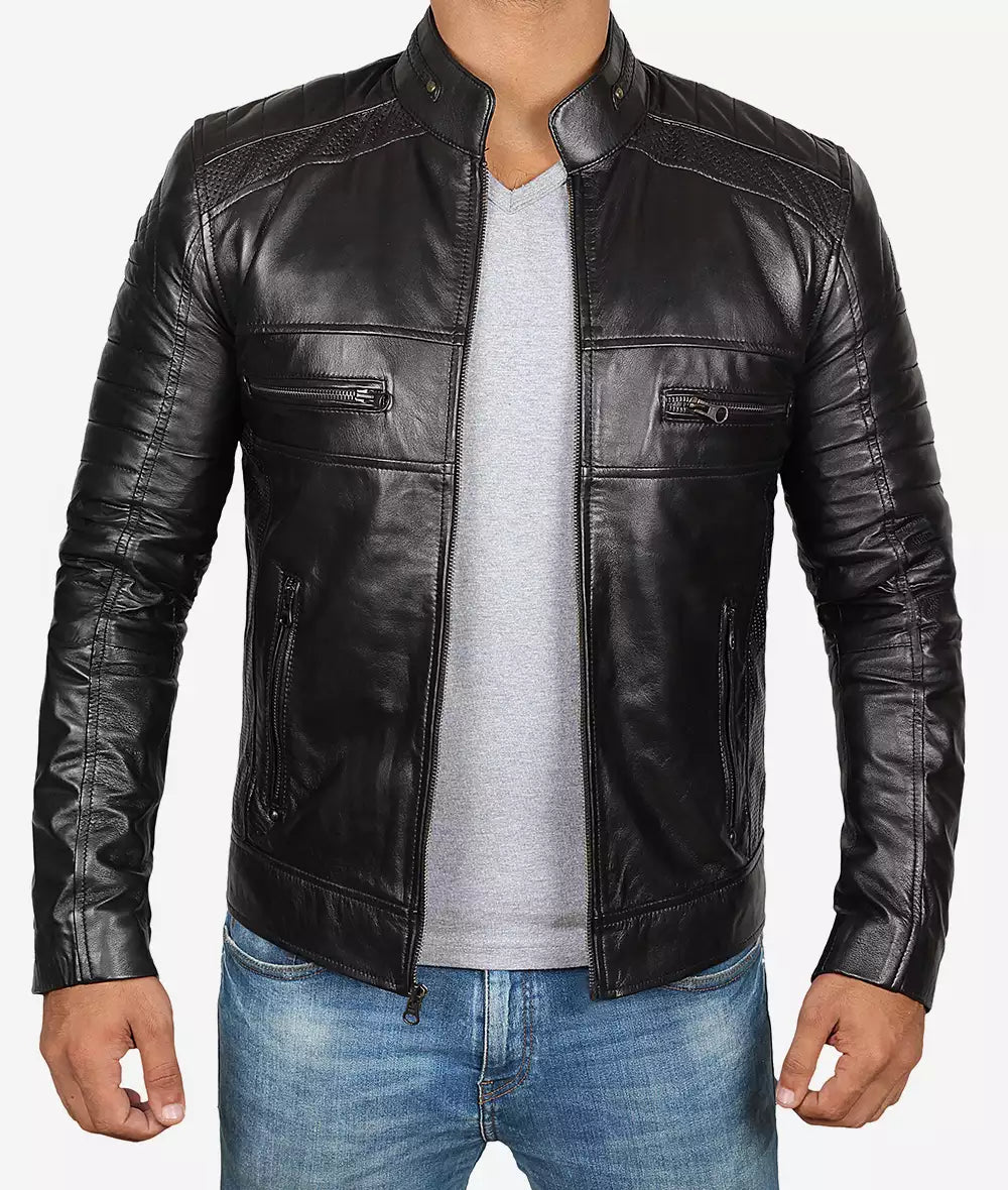 Men's Black Premium Cafe Racer Leather Jacket - Image 2